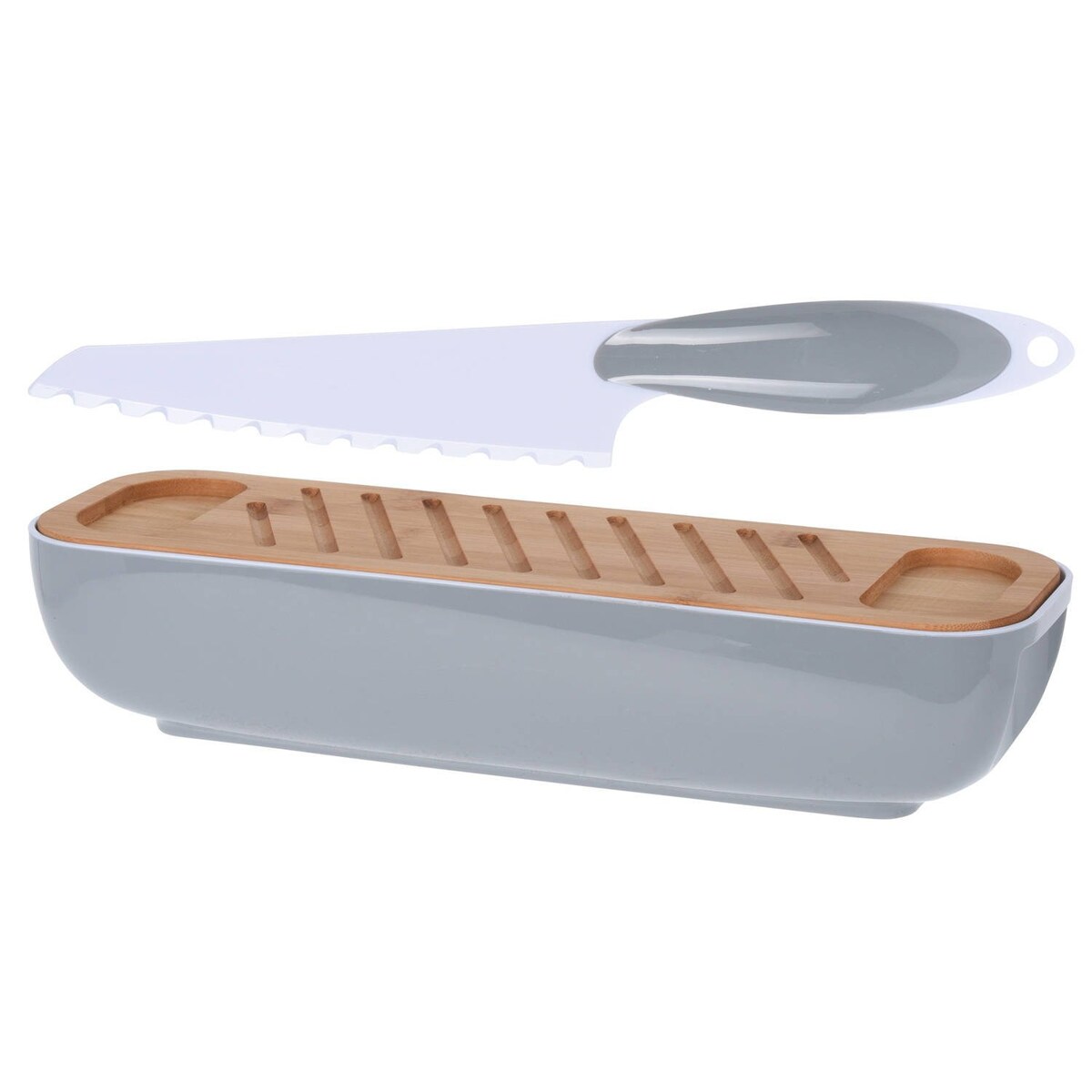 Chlebak z bambusową pokrywką, w zestawie z nożem