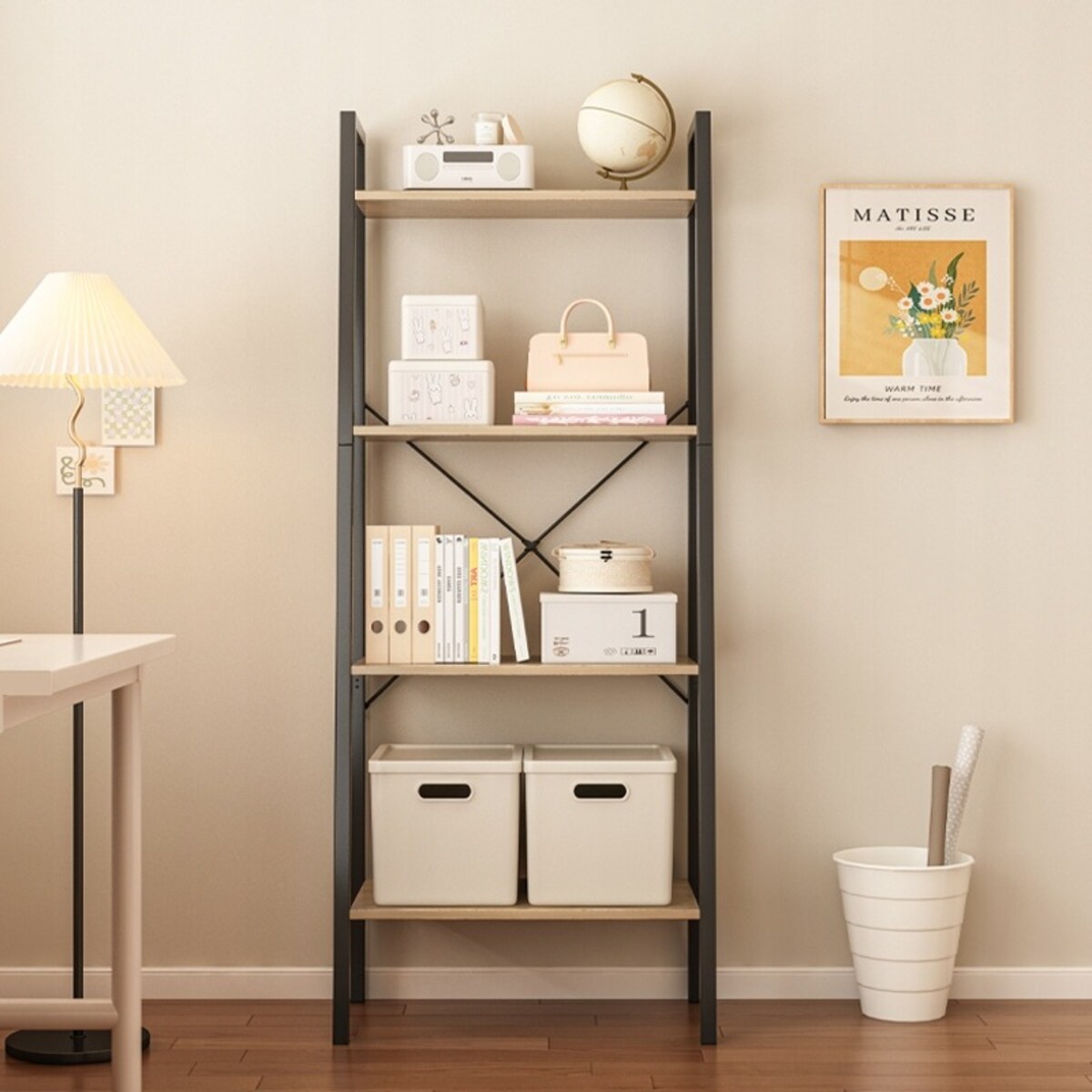 Regał na książki stojący rustykalny drabinka loft retro jasny brąz 4 półki