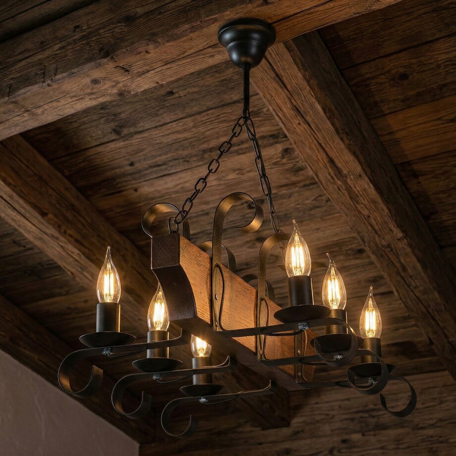 drewniana lampa wisząca 6 punktowa edylit retro