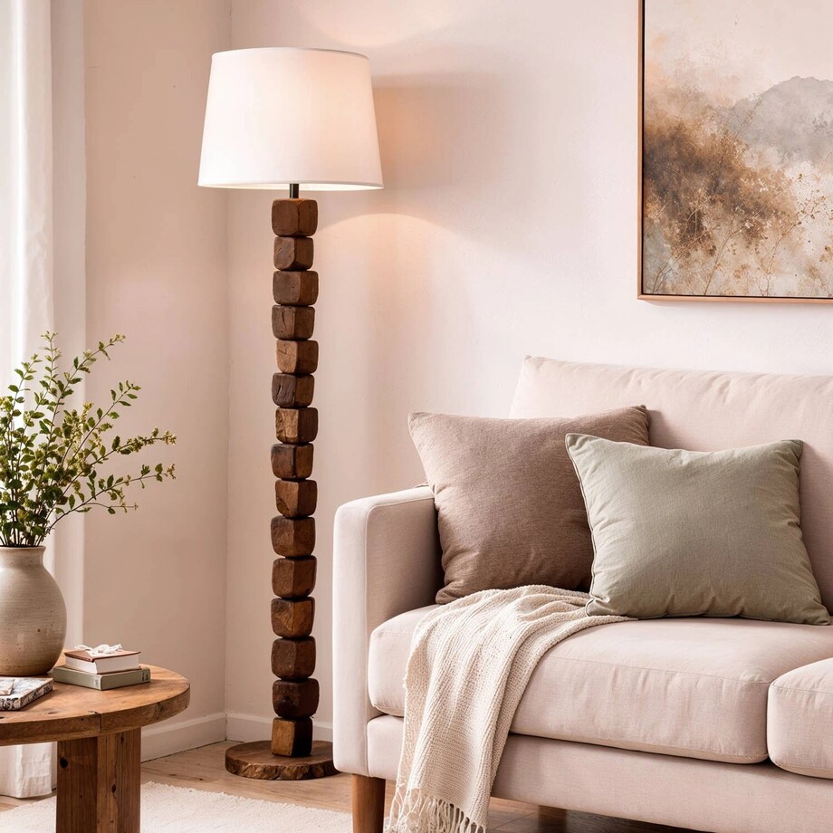 Lampa podłogowa z drewna mango z białym kloszem, Degma, 129 cm