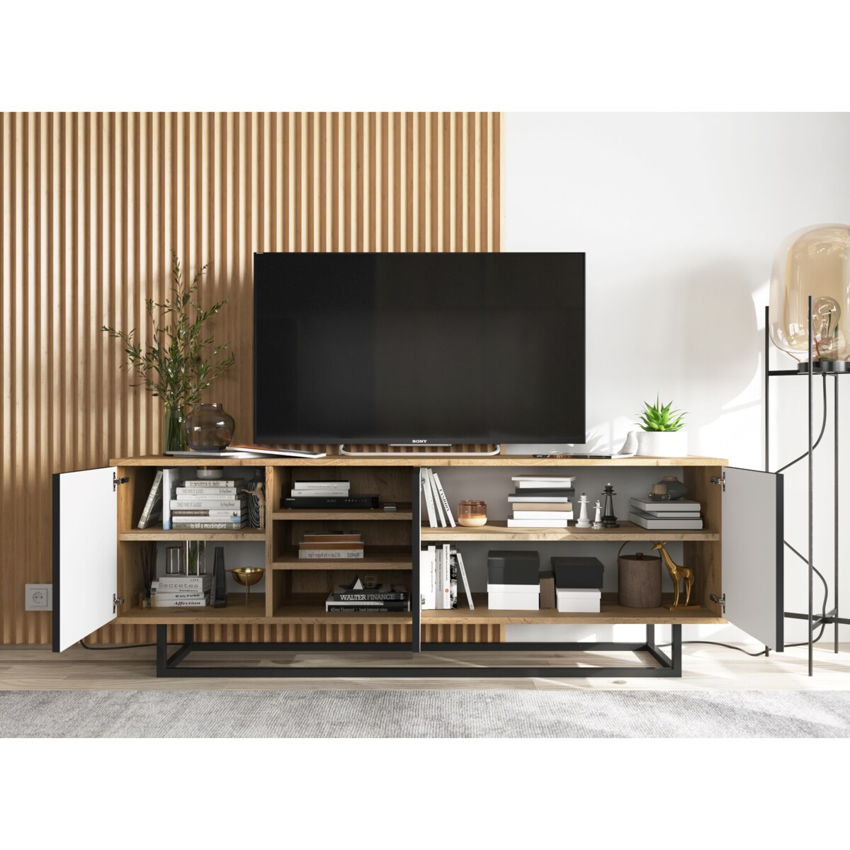 Industrialna Szafka RTV Loft Komoda RTV Dąb Wotan Czarny MAT 150 cm