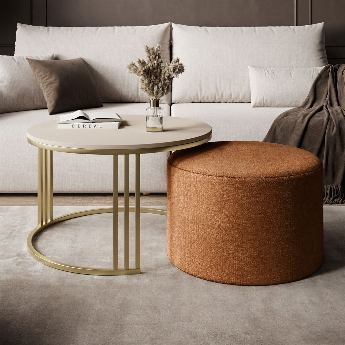 Stolik kawowy z pufą LORI MAT złoto szczotkowane, kaszmir mat / Perfect Harmony 52