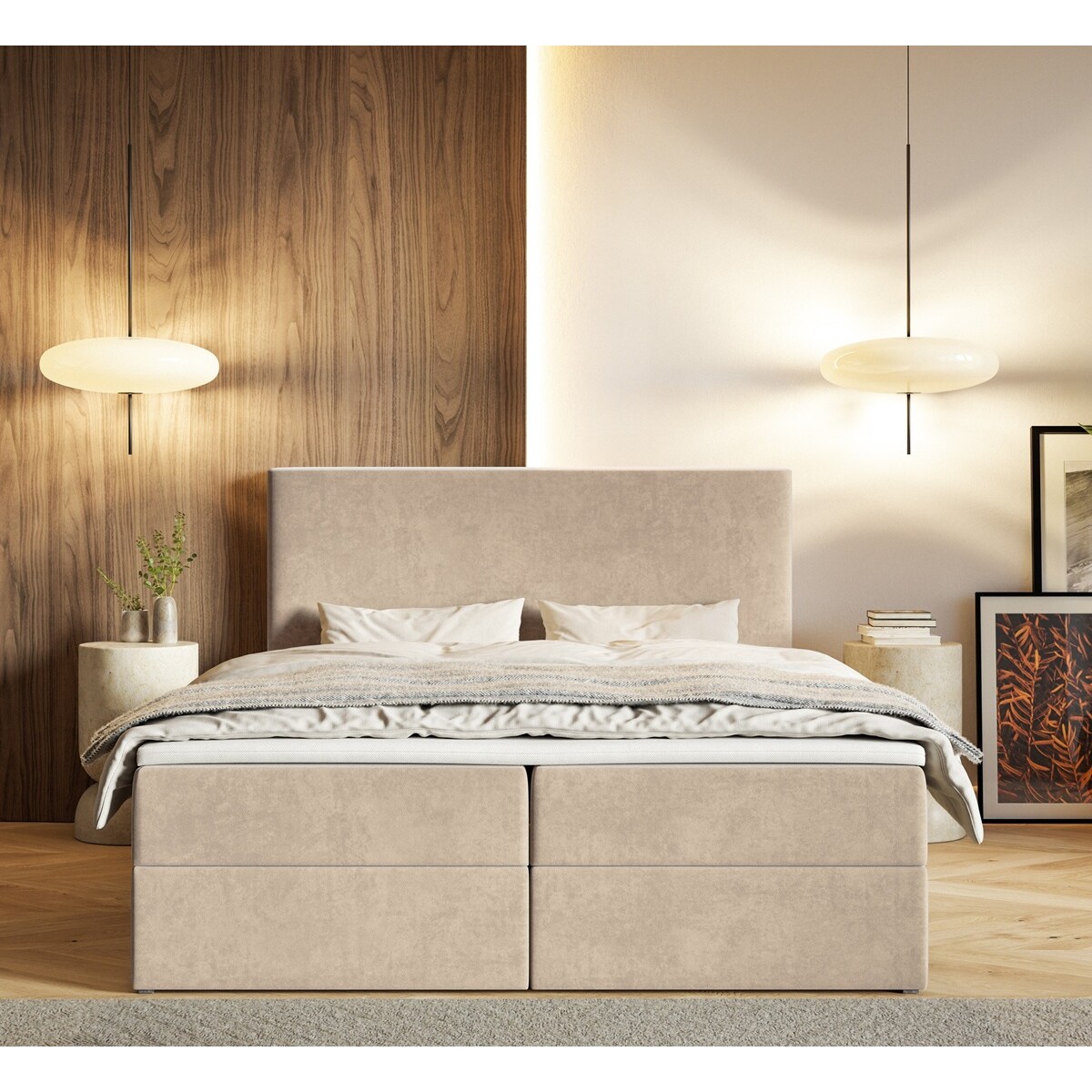Łóżko kontynentalne G2 do sypialni 180x200 z pojemnikiem i materacem-beżowe
