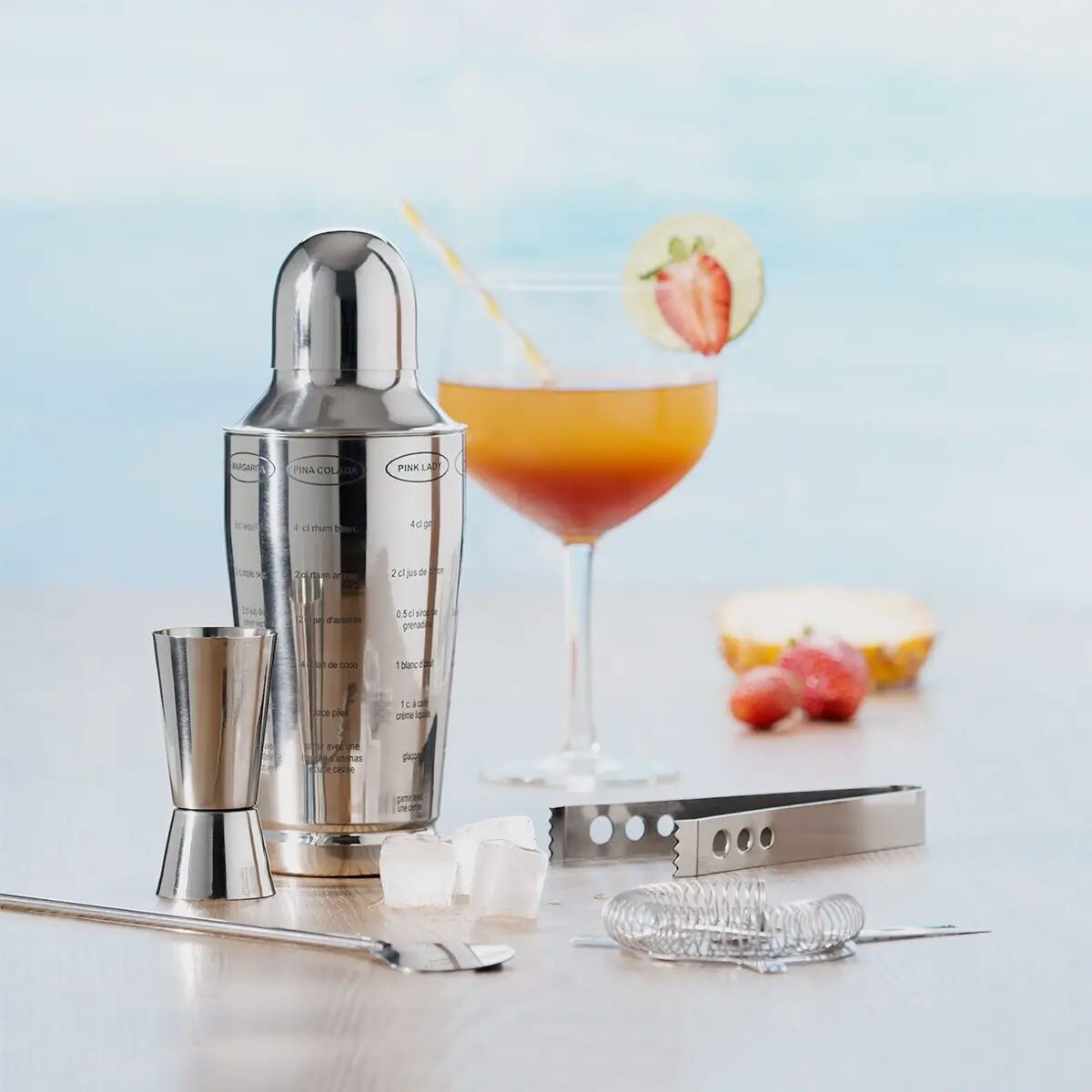 Zestaw barmański do drinków, shaker 600 ml, metalowy, 5 elementów, kolor srebrny