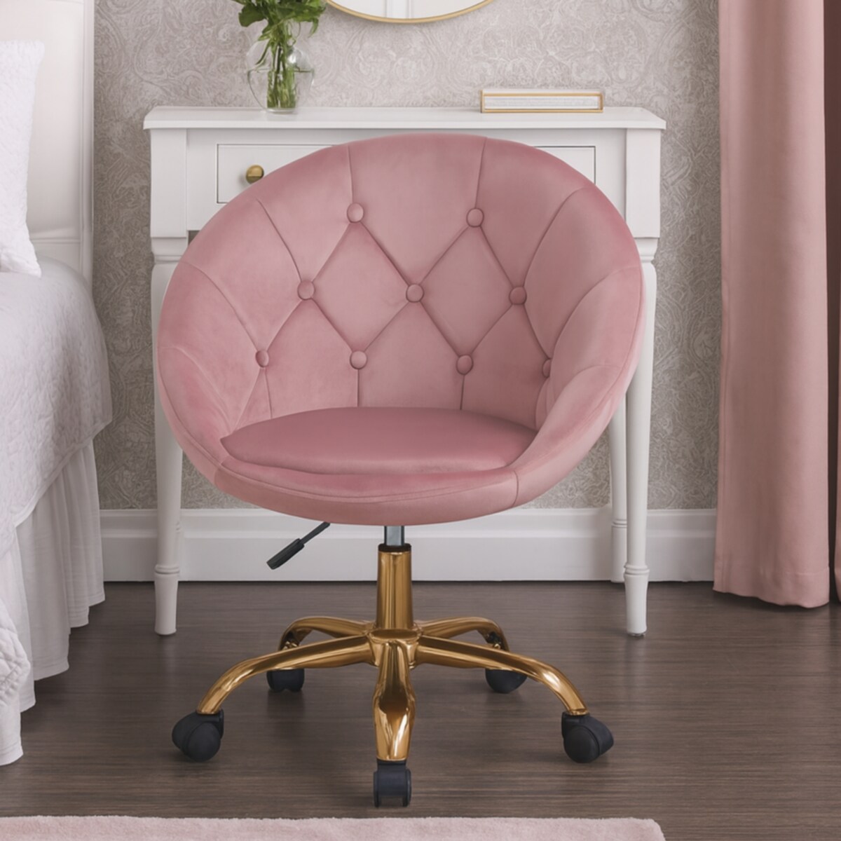 Fotel podnoszony ELEGANCKI obrotowy WELUR na kółkach RUNDO różowy JUMIhome