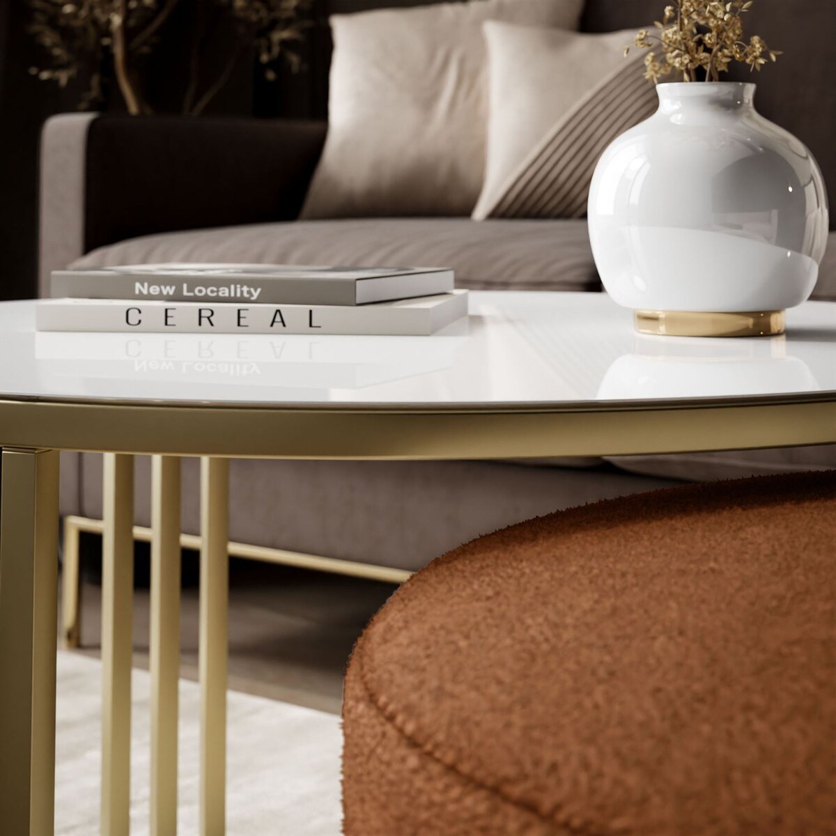 Stolik kawowy z pufą LORI GLASS złoto szczotkowane, białe szkło / Perfect Harmony 52