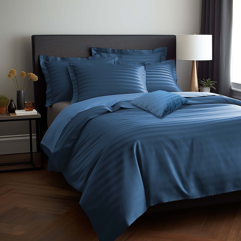 Pościel bambusowa satyna bawełniana 140x200 Bamboo paski, chabrowa