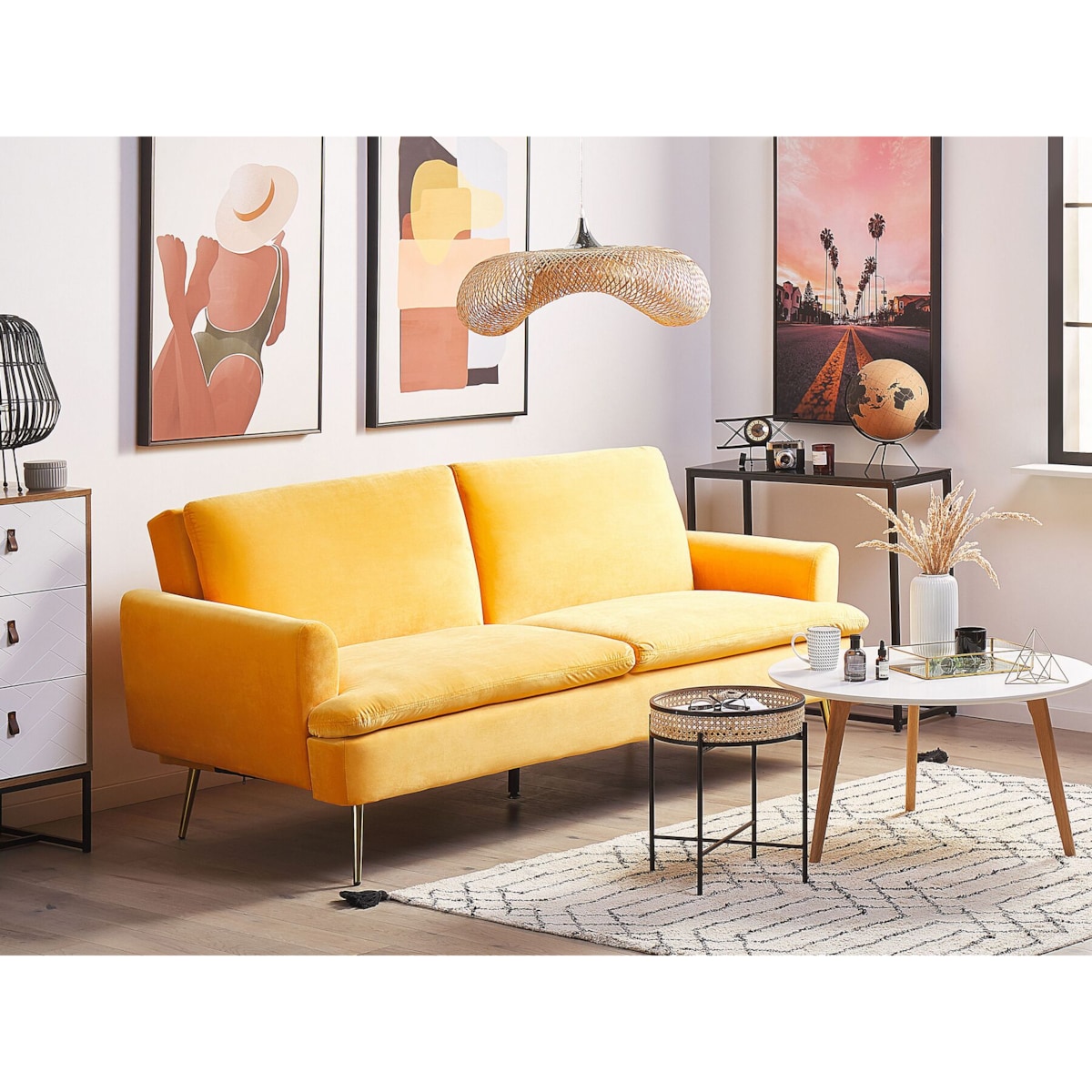 Sofa rozkładana welurowa żółta VETTRE