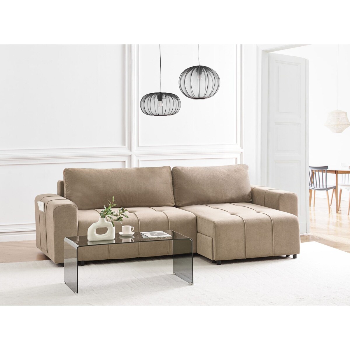 Narożnik rozkładany lewostronny 3-osobowy z pojemnikiem brązowy INNVIK