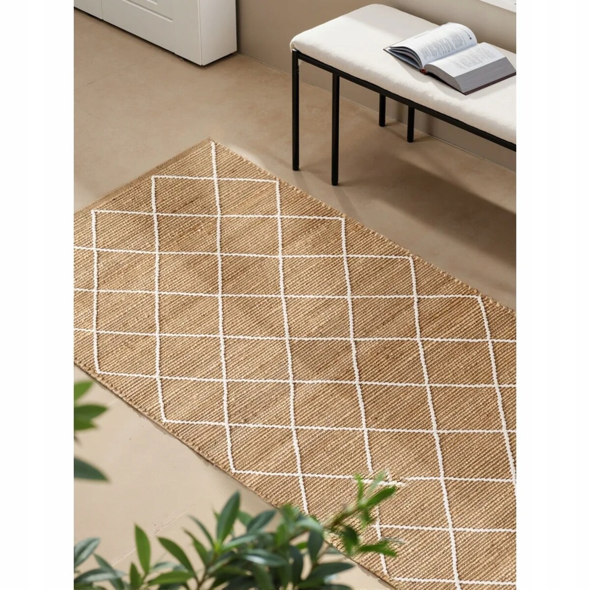 Chodnik z juty 80x200cm, kolor beżowy, ręcznie tkany, wzóre boho