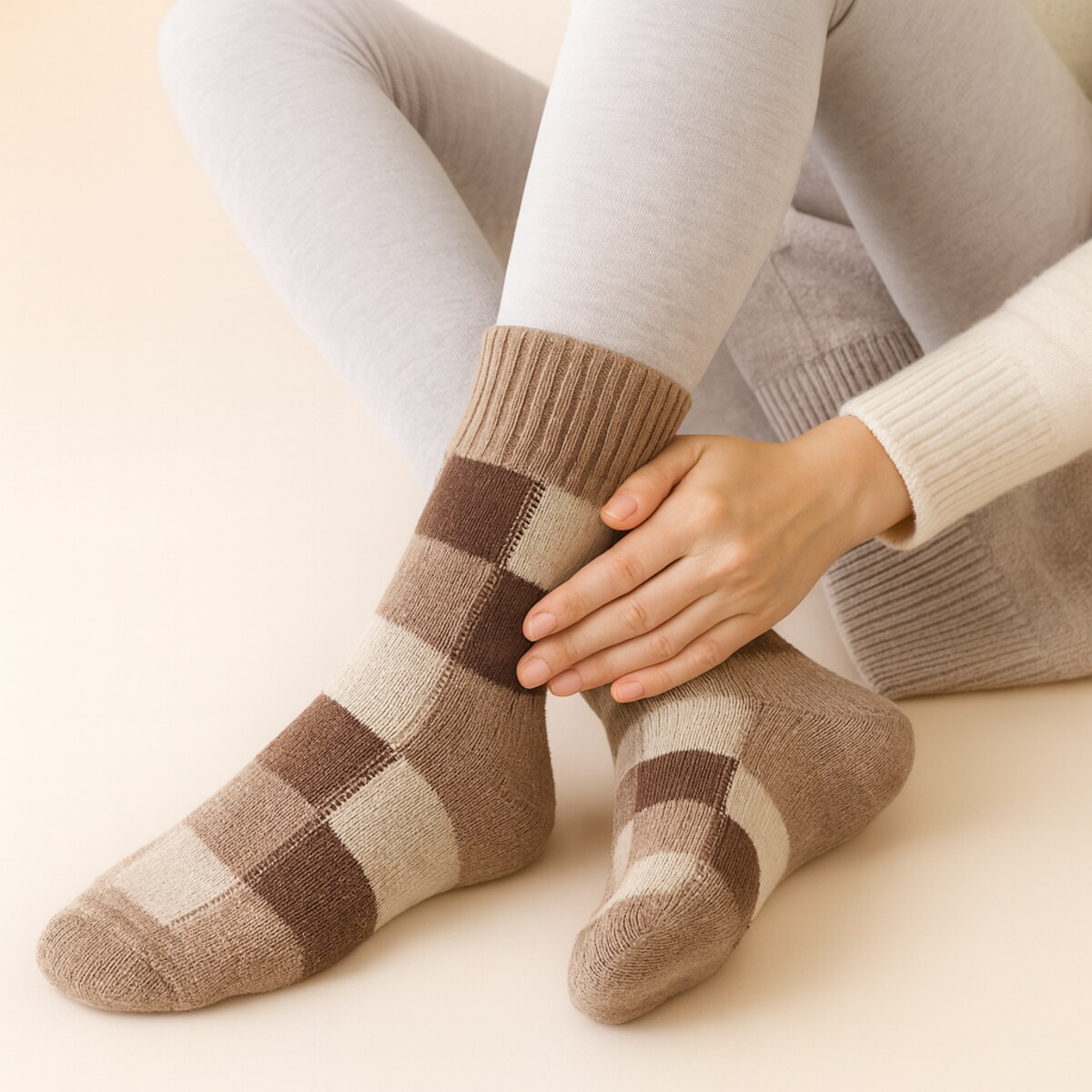 Wełniane skarpety w beżową kratę – rozmiar 39–43