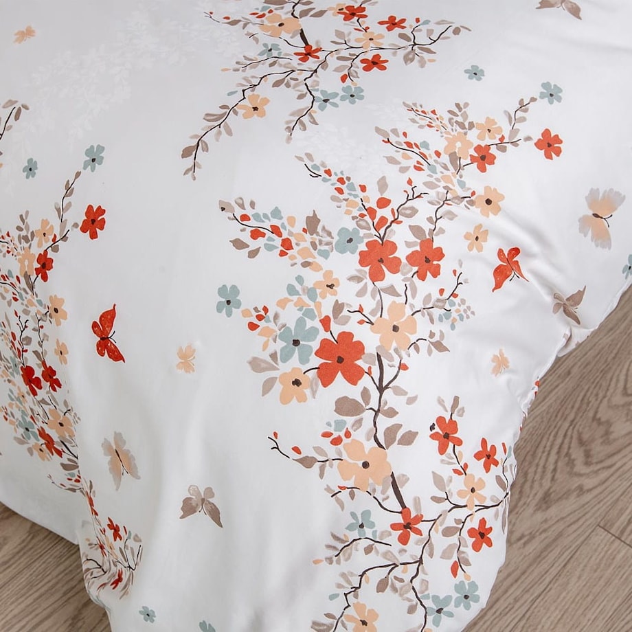 Pościel satyna bawełniana 200x220 Exclusive Ela biała w pomarańczowe kwiatki