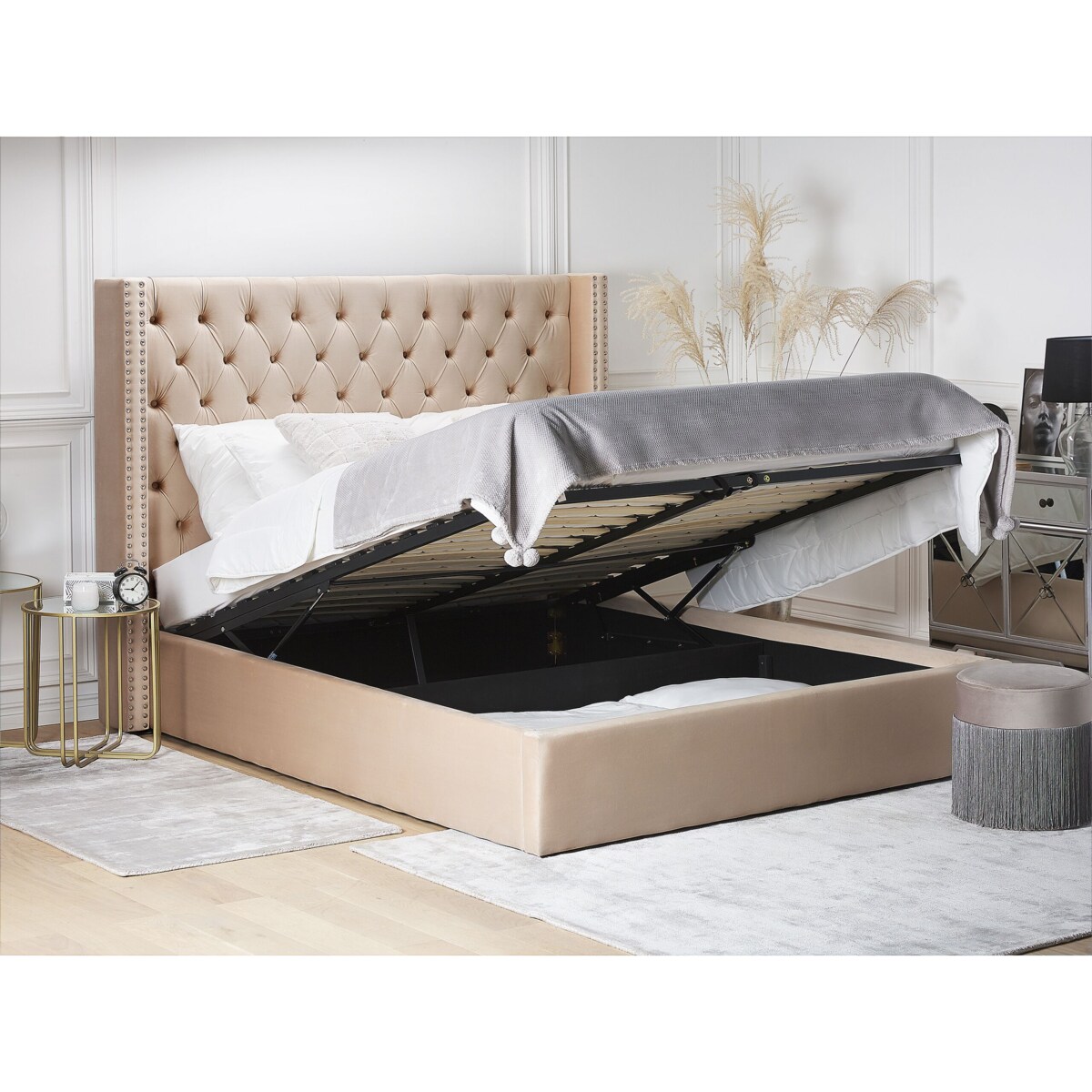 Łóżko z pojemnikiem welurowe 160 x 200 cm beżowe LUBBON