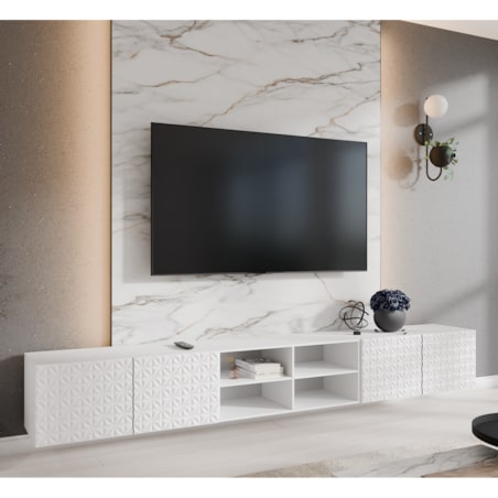 Szafka RTV ALI 300 cm otwarta z półkami, z ozdobnymi frontami-biała