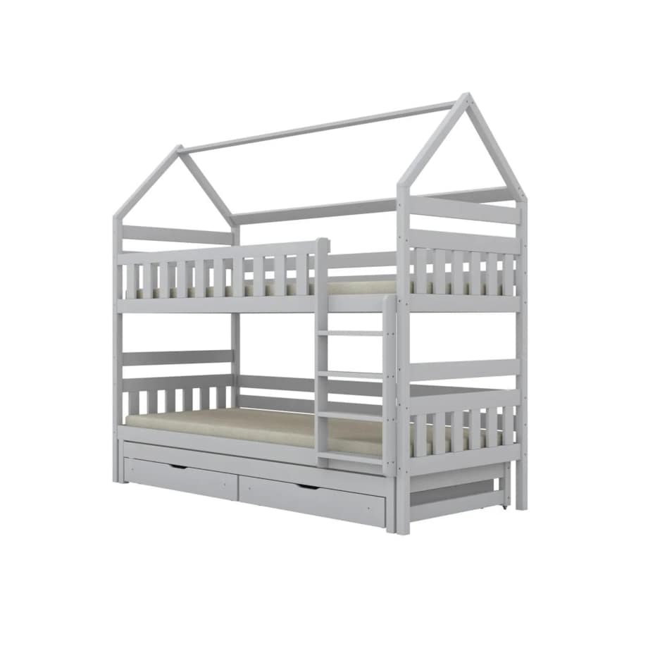Łóżko piętrowe domek FELIKS 160x80 białe drewniane trzyosobowe z szufladami