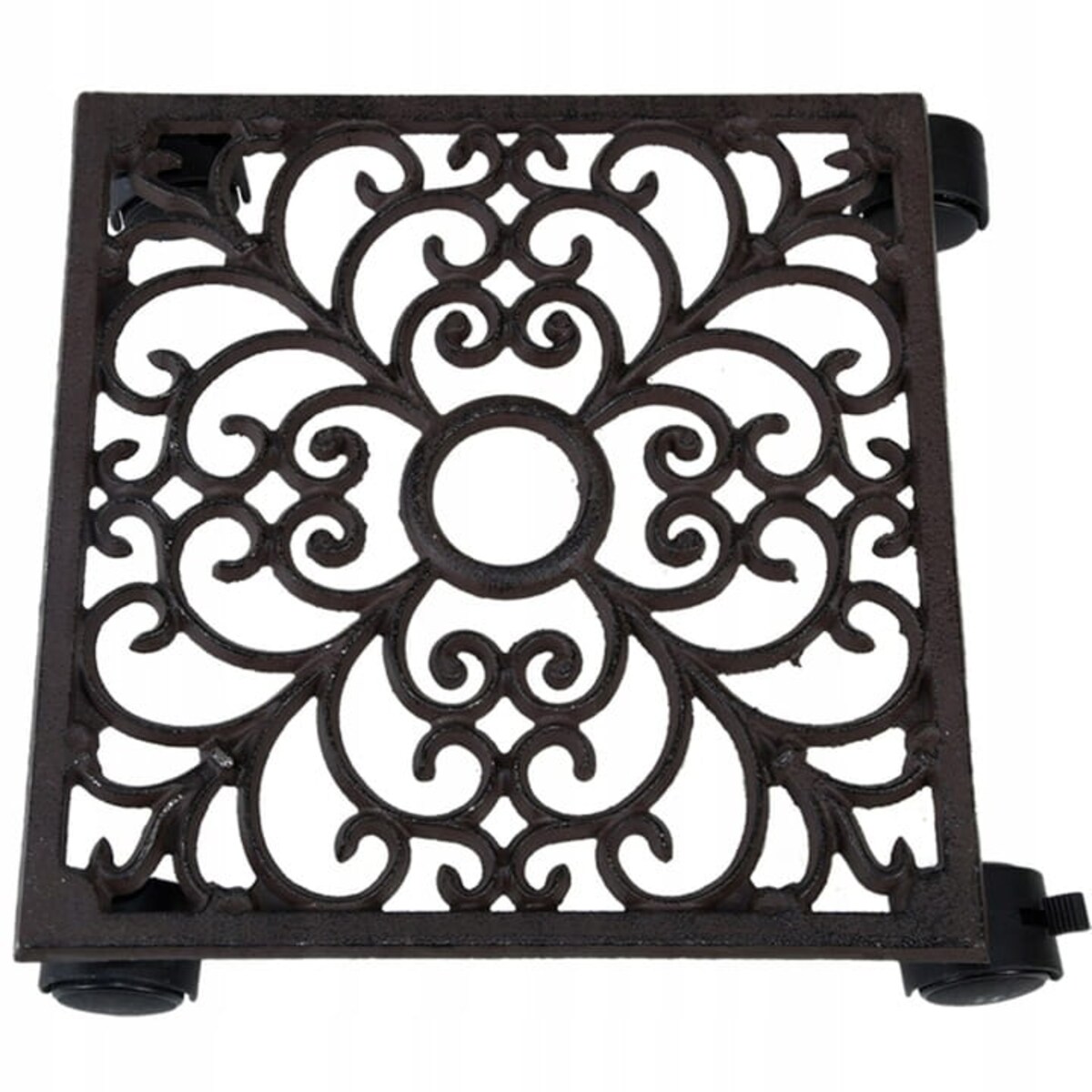 ŻELIWNY WÓZEK na donicę kwadratowy Podstawka pod kwiatki na kółkach 28 cm