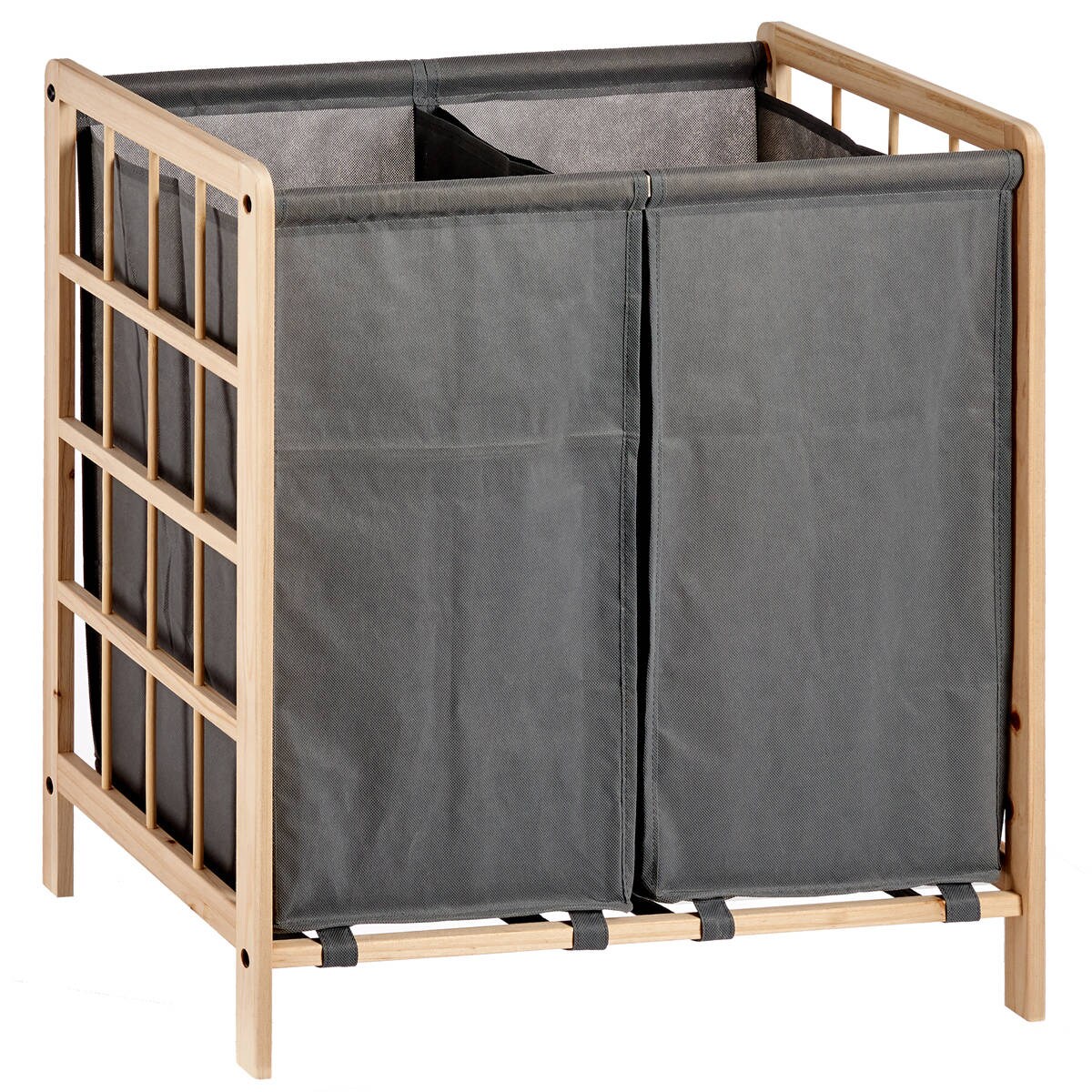 Kosz do szafy dwukomorowy, drewno + tkanina