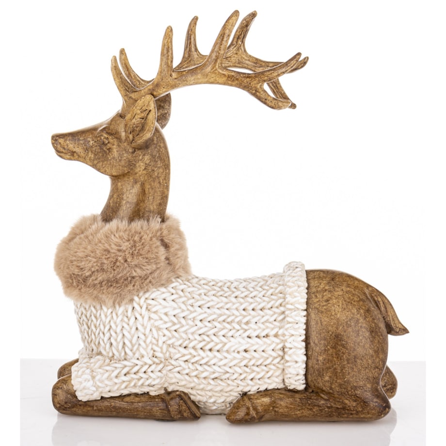 Figurka - leżący jeleń 20x17x8 cm HJORT brązowy w białym swetrze