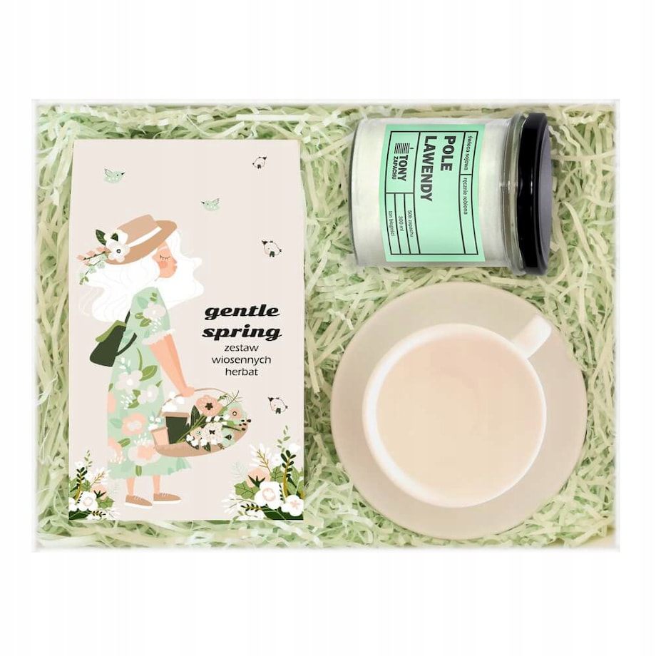 Wiosenny Box GENTLE SPRING - zestaw wiosennych herbat z zaparzaczem, biała filiżanka ze spodkiem, świeca sojowa POLE LAWENDY - na prezent upominek