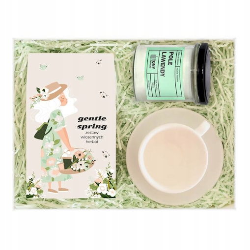 Wiosenny Box GENTLE SPRING - zestaw wiosennych herbat z zaparzaczem, biała filiżanka ze spodkiem, świeca sojowa POLE LAWENDY - na prezent upominek