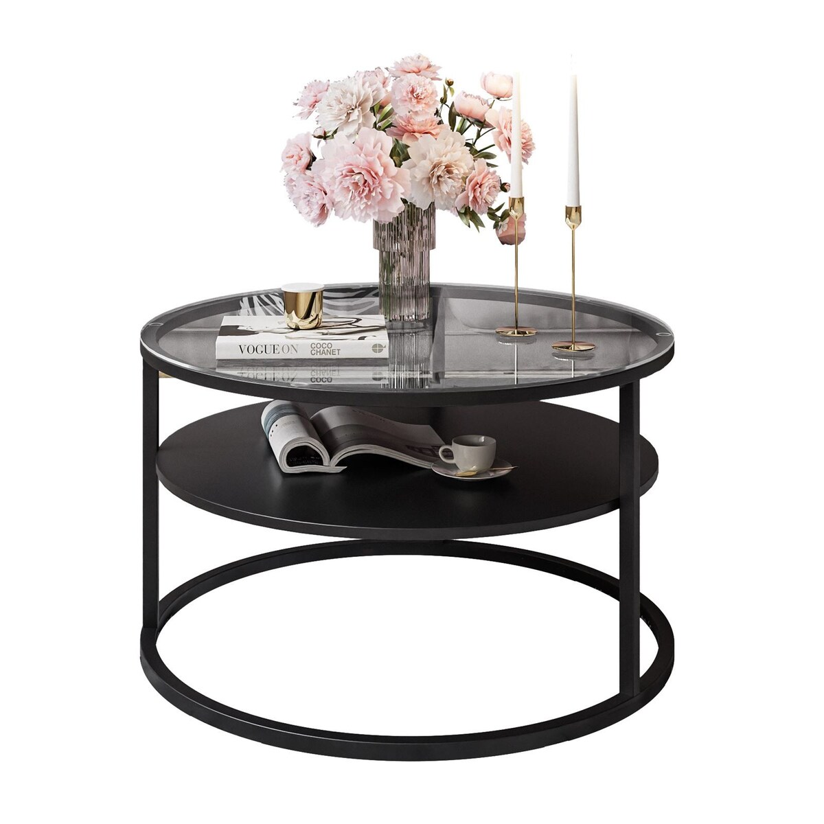 Stolik kawowy CIRI z półką czarny przeźroczyste szkło