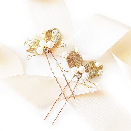 Komplet złotych kokówek z listkami i perełkami