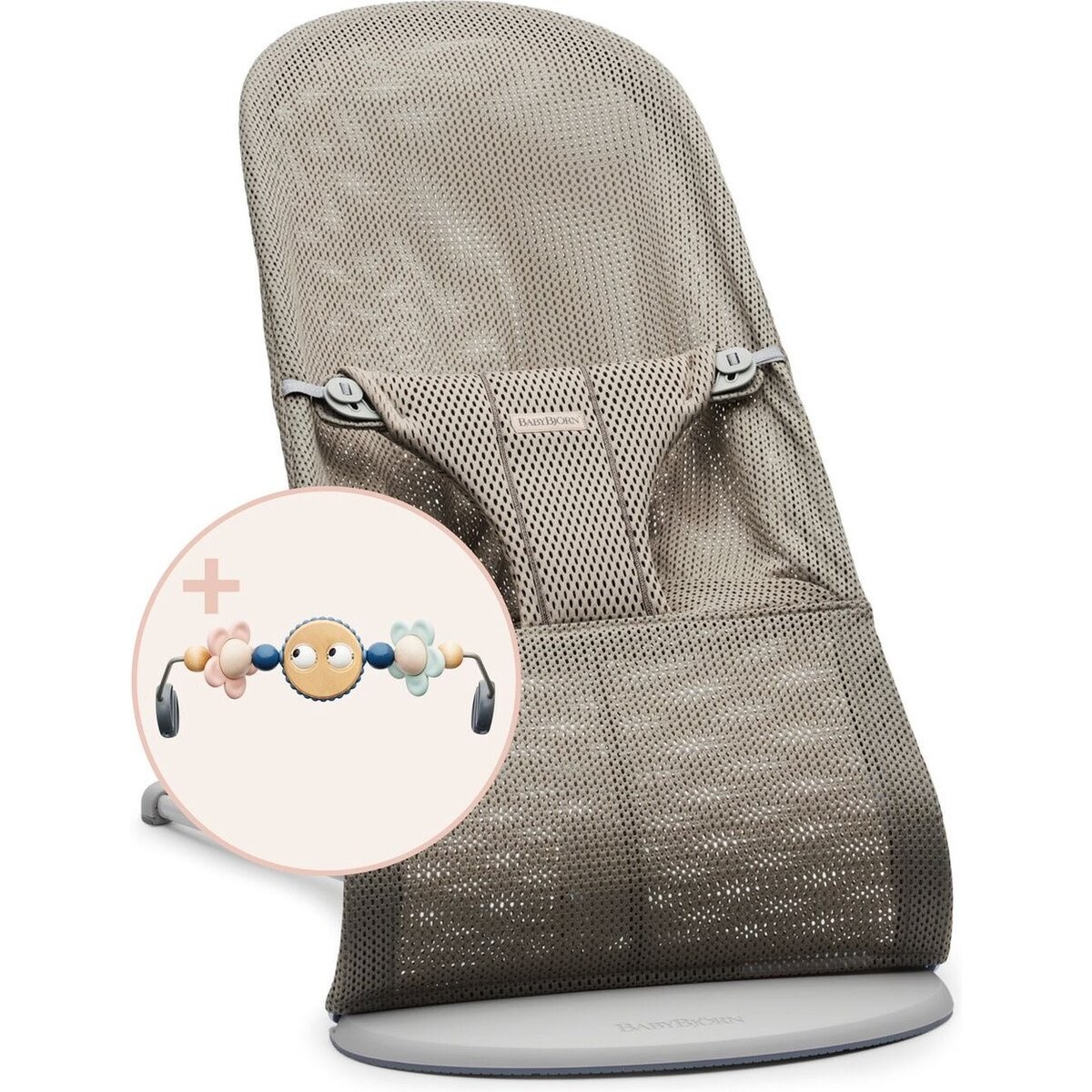 BABYBJORN - leżaczek BLISS MESH - Szarobeżowy + Zabawka Googly Eyes Pastels