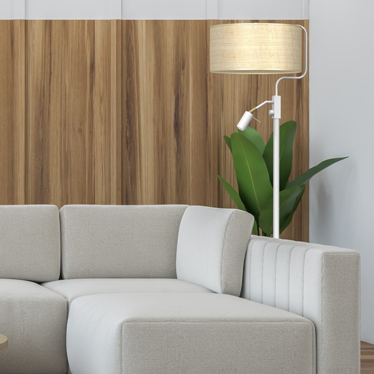 Podłogowa lampa stojąca Marshall do salonu biała ratan