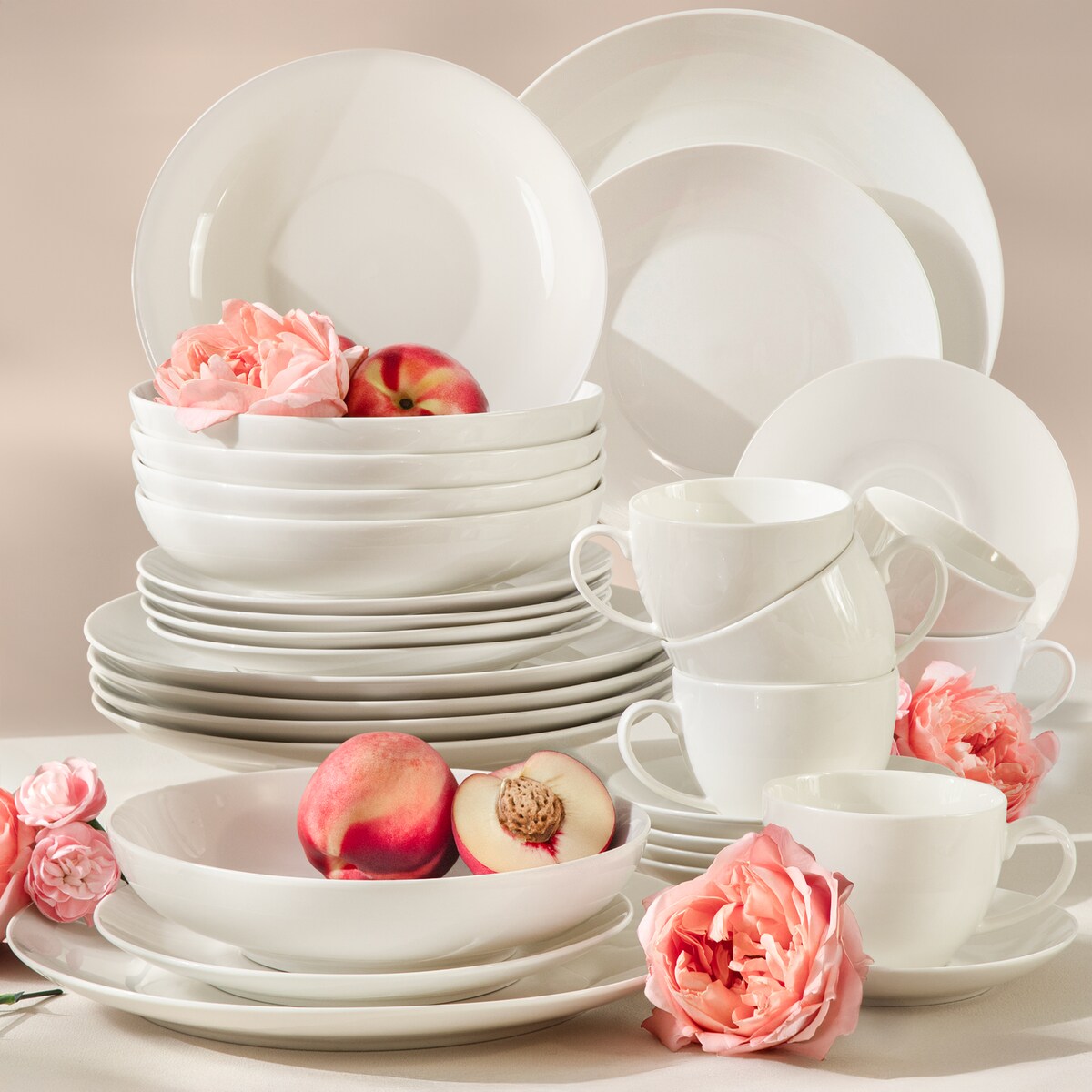 KONSIMO AD BELLA, Zestaw obiadowo-kawowy 6 os. (30 el.), kolor ecru