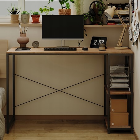 Biurko komputerowe stolik loft jasny brąz nowoczesne z półkami industrialne