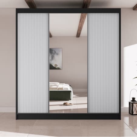 Szafa przesuwna V200 z lustrem i szufladami - czarna+ białe ryfle