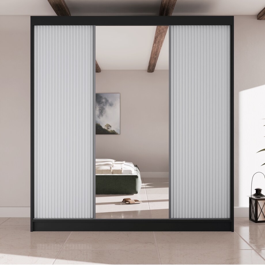 Szafa przesuwna V200 z lustrem i szufladami - czarna+ białe ryfle