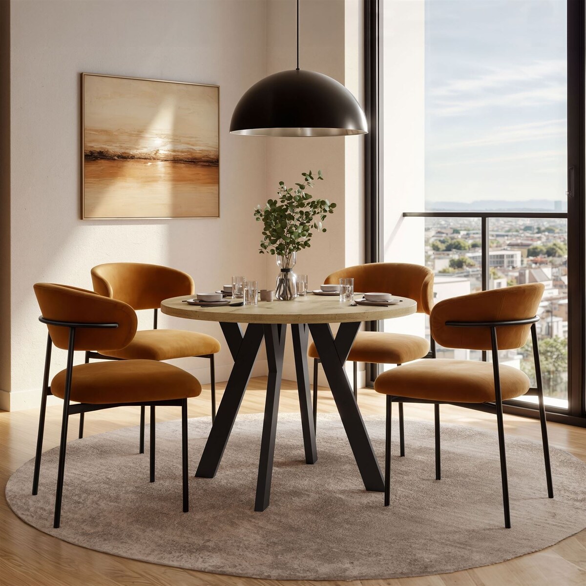 Okrągły stół rozkładany VOLTA LOFT, nogi czarne, blat dąb artisan