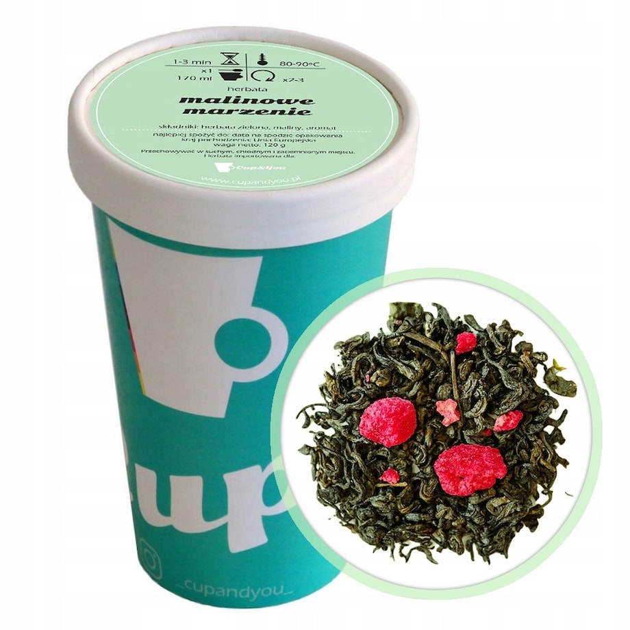Herbata zielona MALINOWE MARZENIE maliny na prezent premium liściasta 120g - herbata liściasta sypana mieszanka napar susz