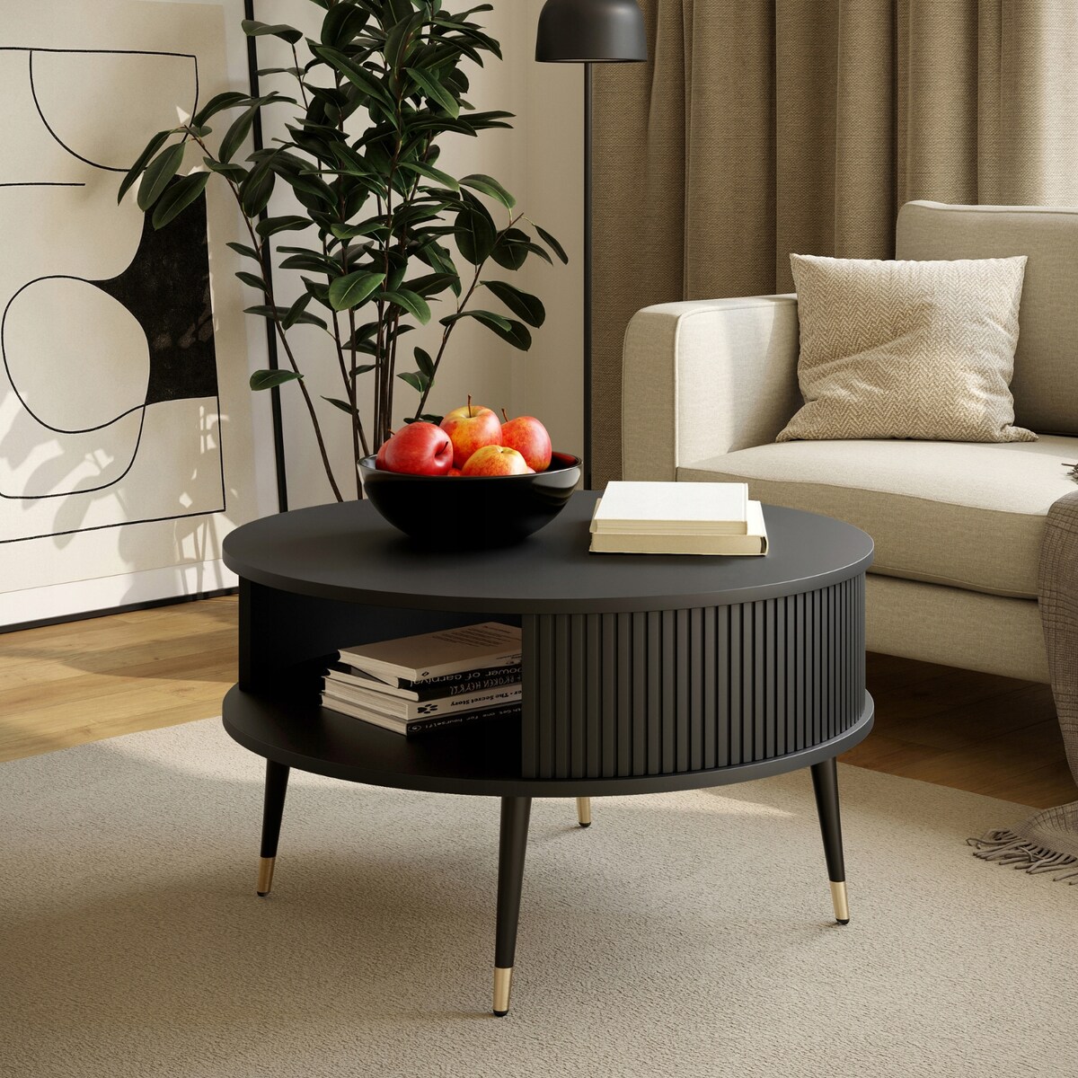 Stolik Kawowy CZARNY Lamele Okrągły VERLO LUX 76 cm Loft Salon ZŁOTE NOGI