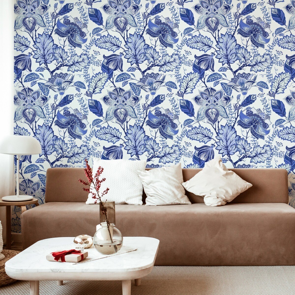 Tapeta niebieskie kwiaty LIŚCIE w stylu folklor