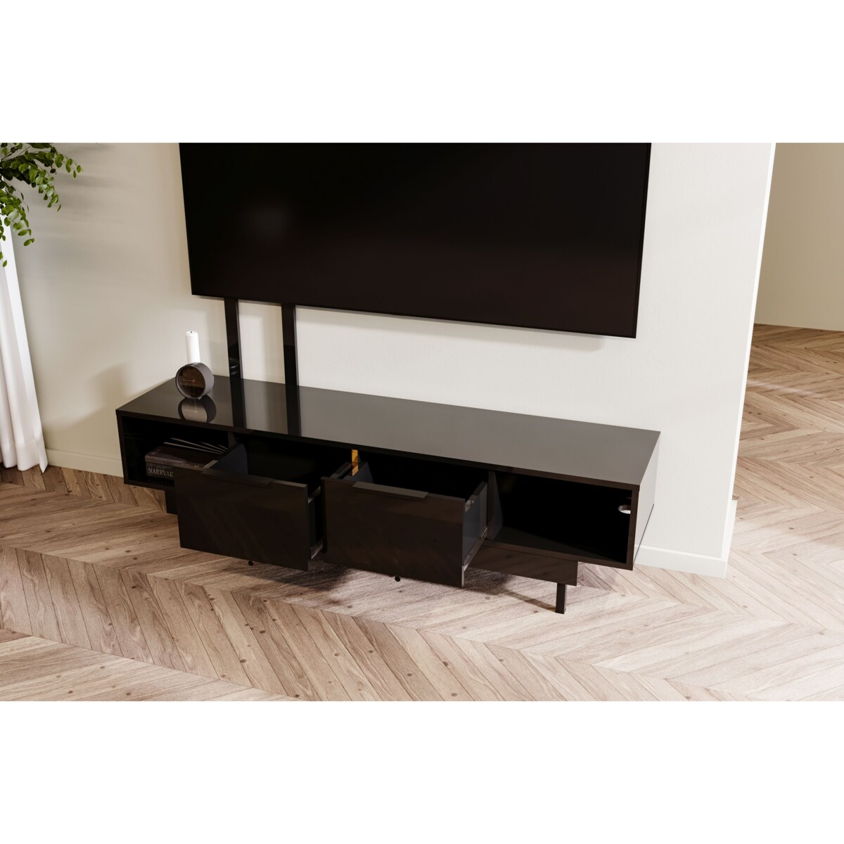 Elegancka czarna komoda RTV Dancan ARTEMISA ze złotymi dodatkami