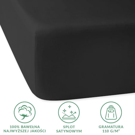 Prześcieradło satynowe z gumką 90x200 kolor Czarny