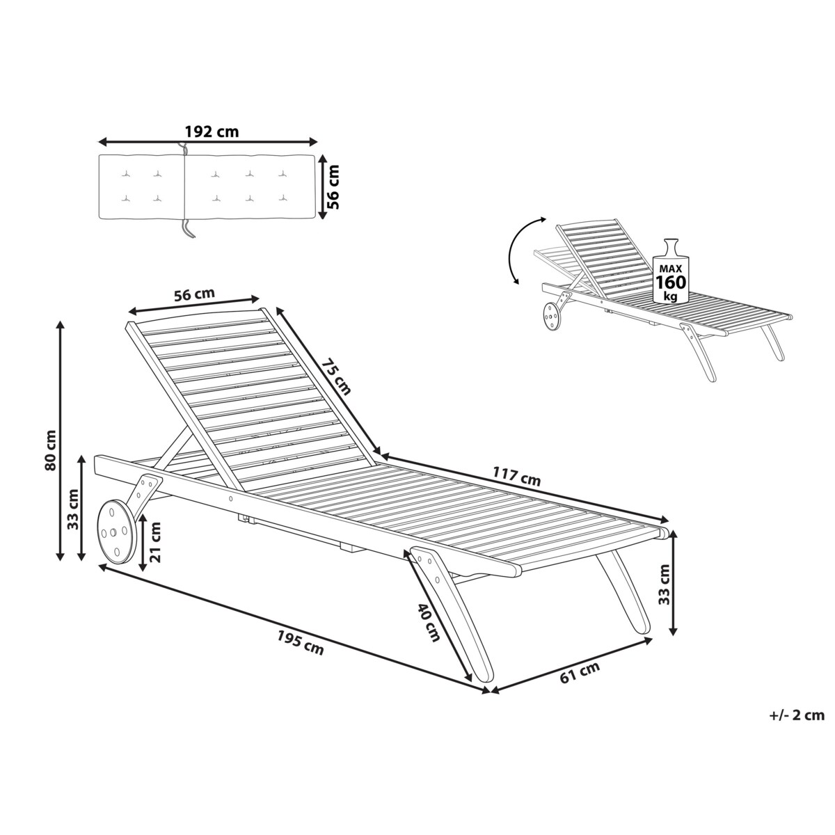 Leżak ogrodowy drewniany z poduszką niebieską CESANA
