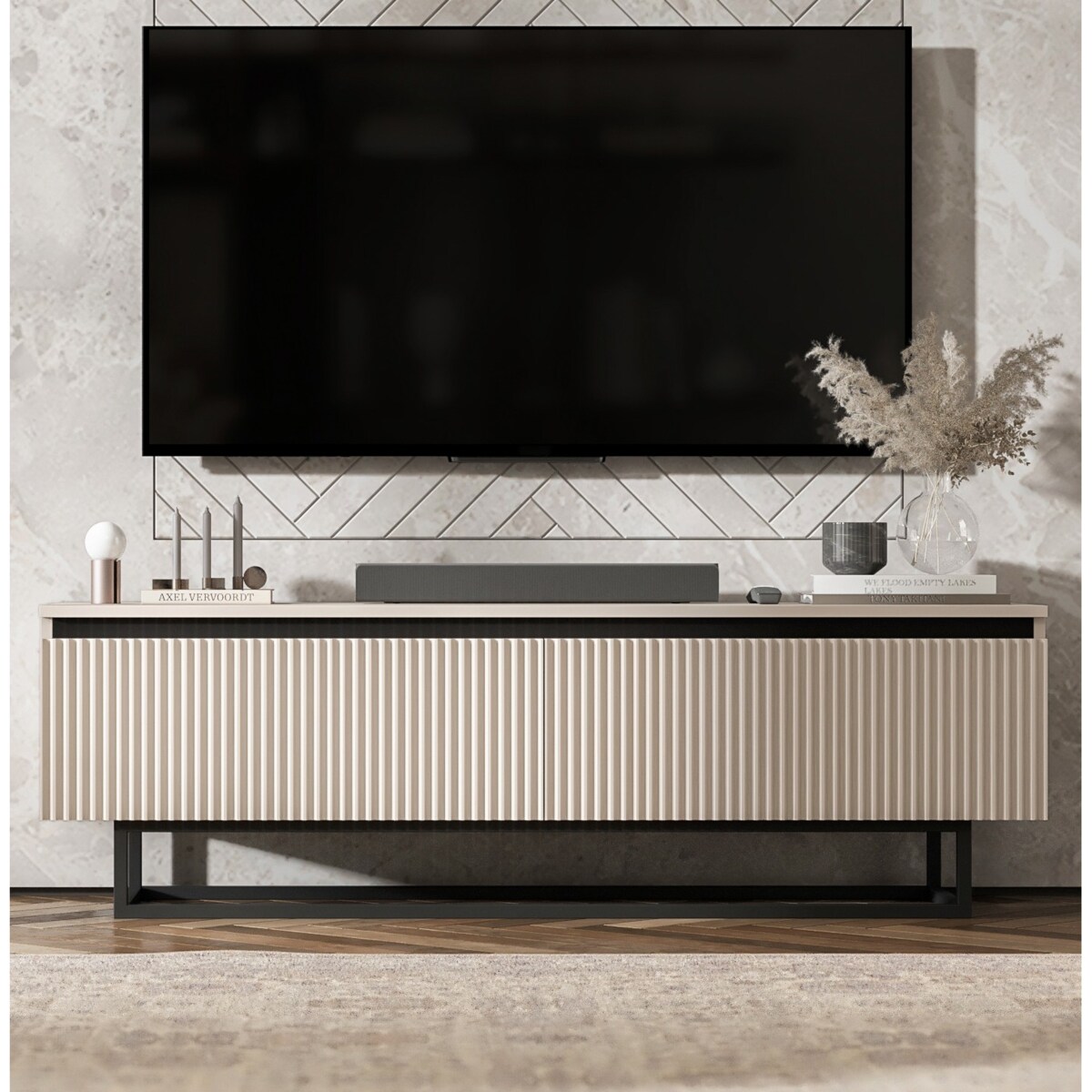 Nowoczesna Szafka RTV Glamour Komoda RTV Kaszmir Mat 140 cm czarny stelaż