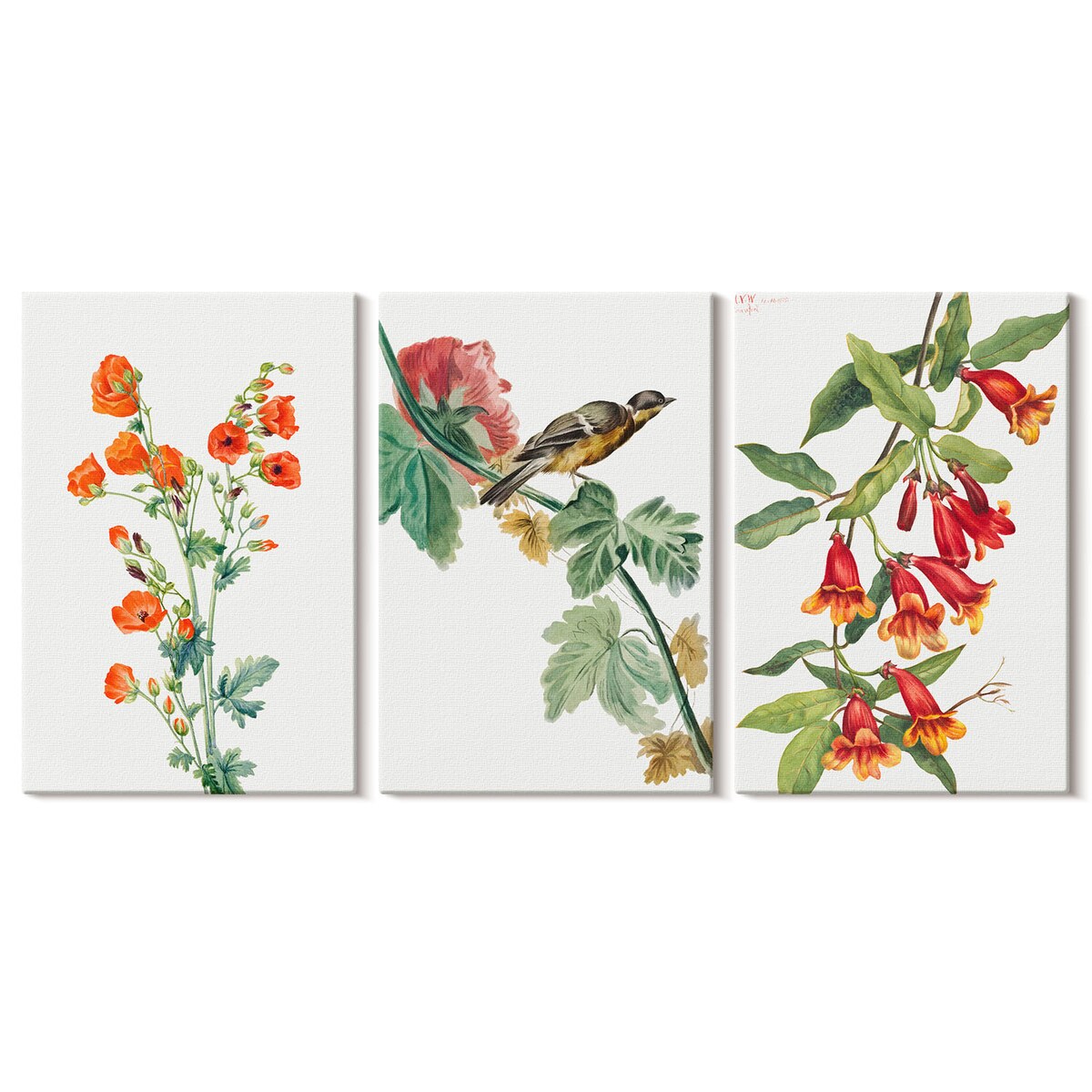 Zestaw 3 małych obrazów na płótnie - Malowane kwiaty i ptak - pomarańczowy
