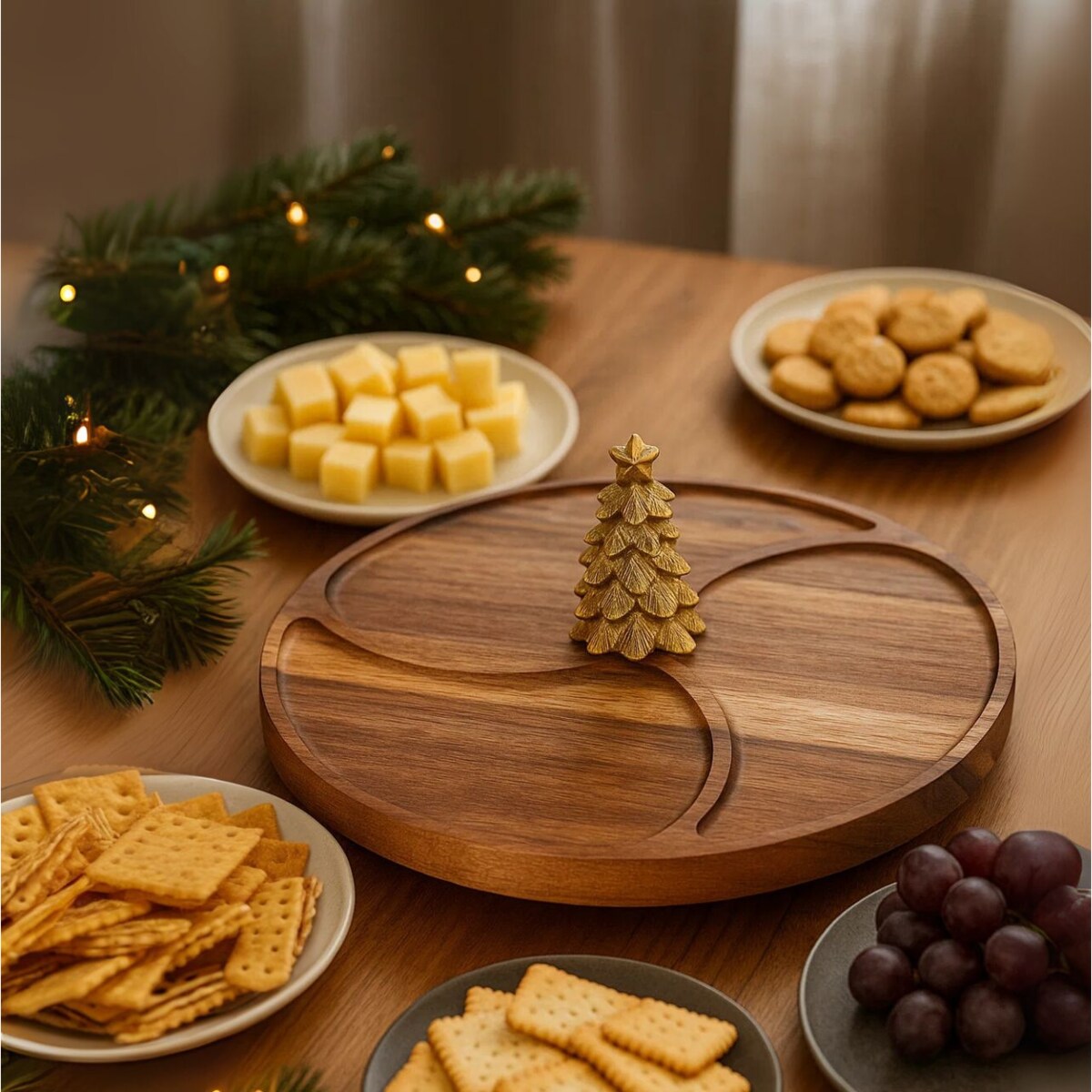 Okrągła deska do serowania przekąsek NEVESSA, ozdobna choinka, drewno akacji, Ø 28 cm