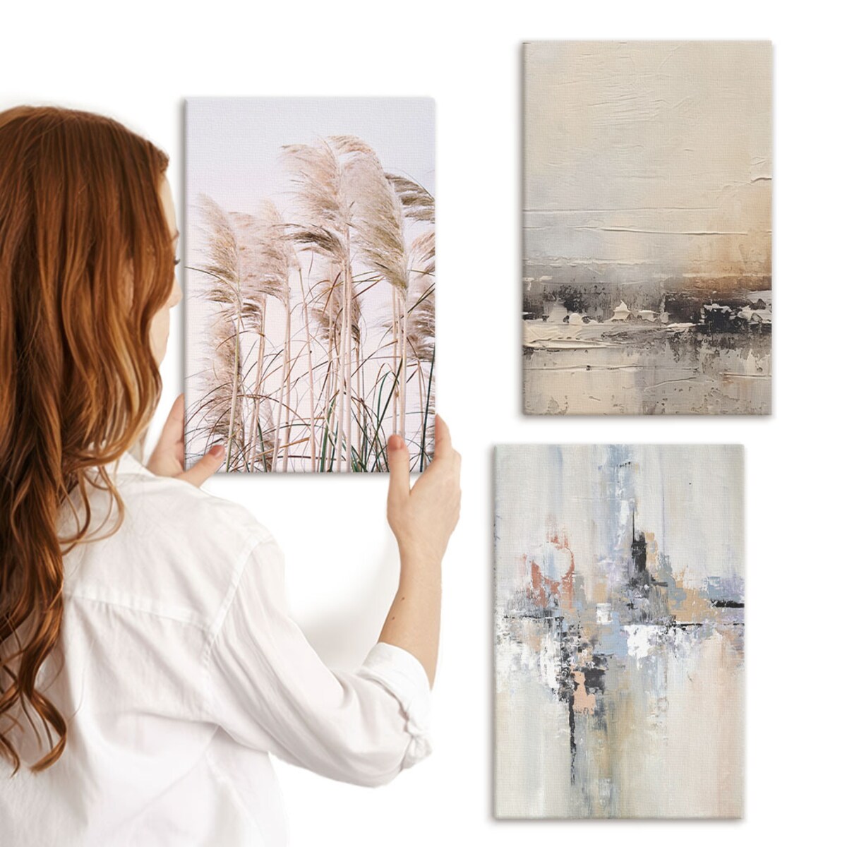 Zestaw 3 małych obrazów na płótnie - Roślinność abstrakcyjne wzory - beżowy