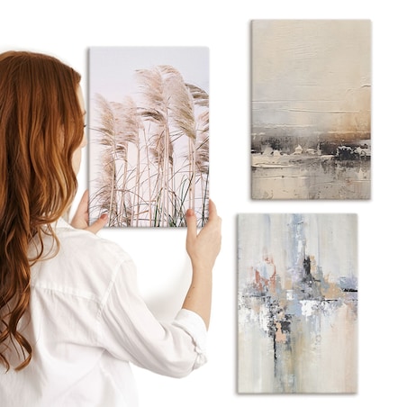 Zestaw 3 małych obrazów na płótnie - Roślinność abstrakcyjne wzory - beżowy