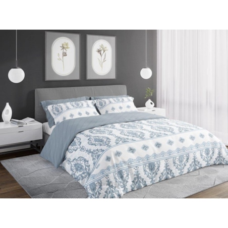 Pościel Satynowa 160x200 Pure Satin Mozaika Rozeta Niebieska Popiel