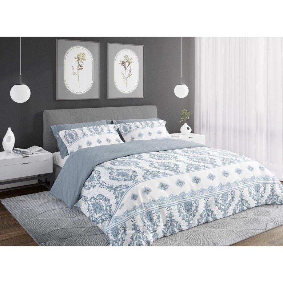 Pościel Satynowa 160x200 Pure Satin Mozaika Rozeta Niebieska Popiel