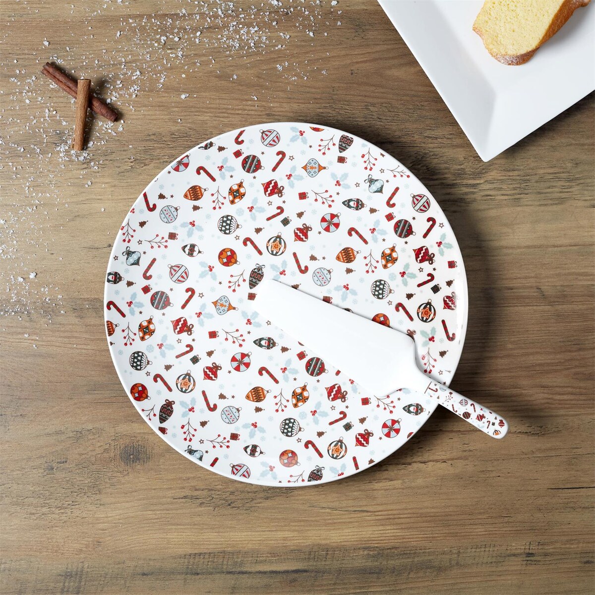 TALERZ NA CIASTO Z ŁOPATKĄ świąteczny 30 cm biały