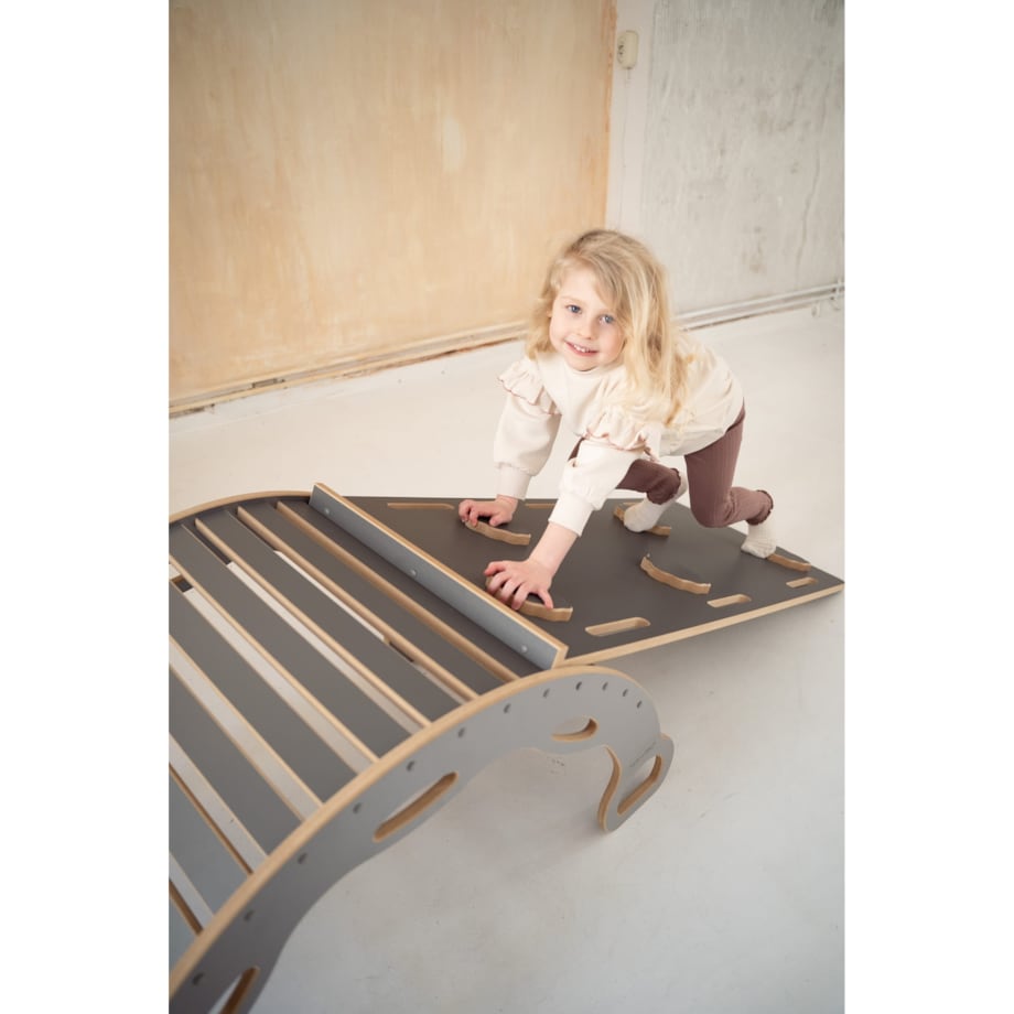 DUŻY bujak montessori z uchwytami + DUŻA zjeżdżalnia CHMURKI - szary