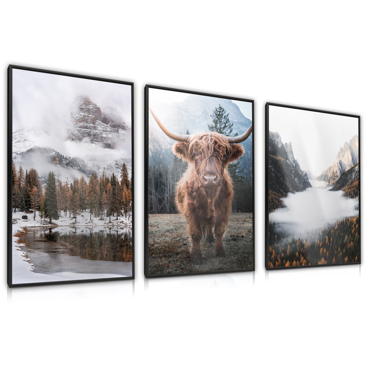 ZESTAW 3x Plakat W Ramie Góry LAS We Mgle Krowa Pejzaże 3D 60x80cm