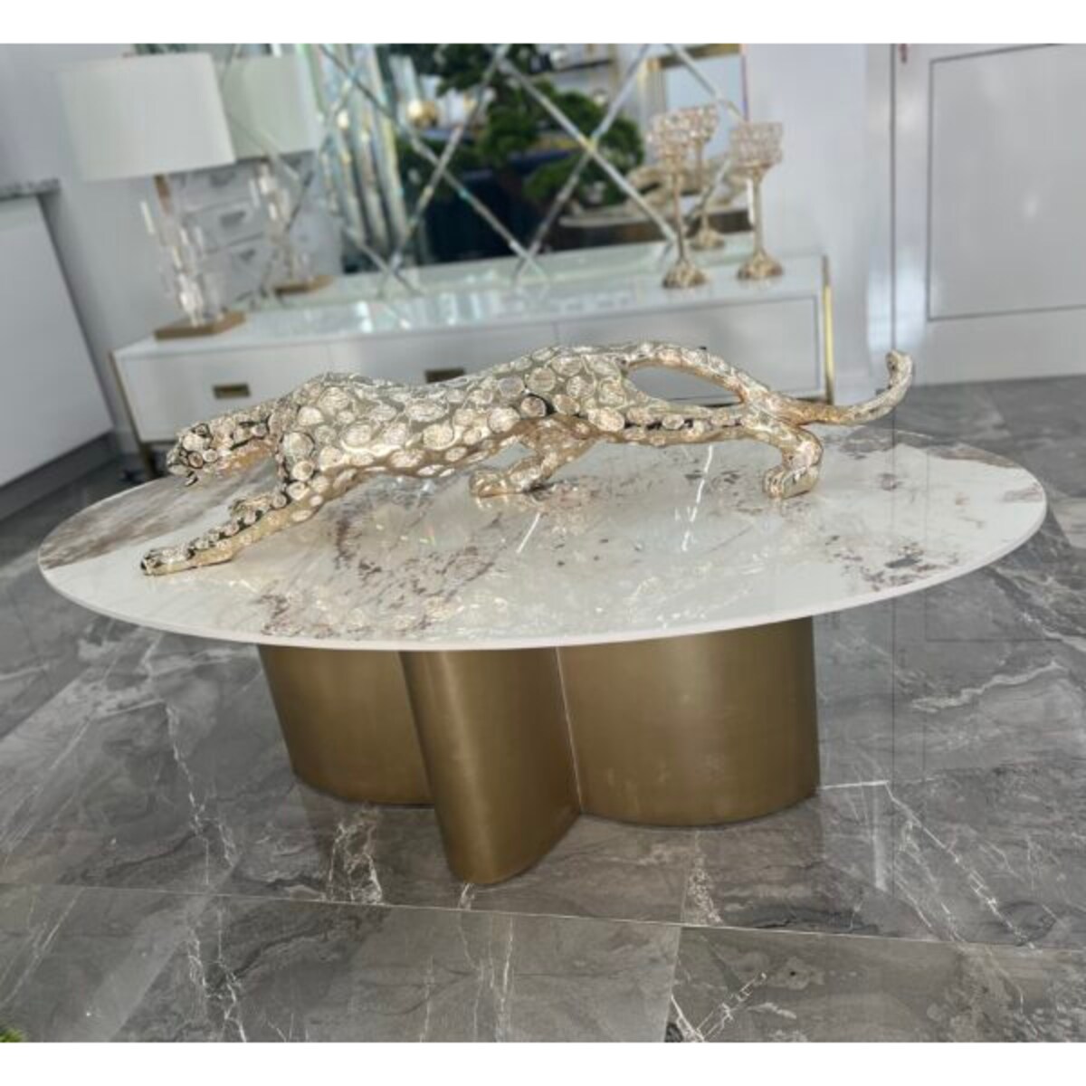 Nowoczesny złoty stolik kawowy owalny Premium Emporio z kamiennym blatem marmurkowym 130x70